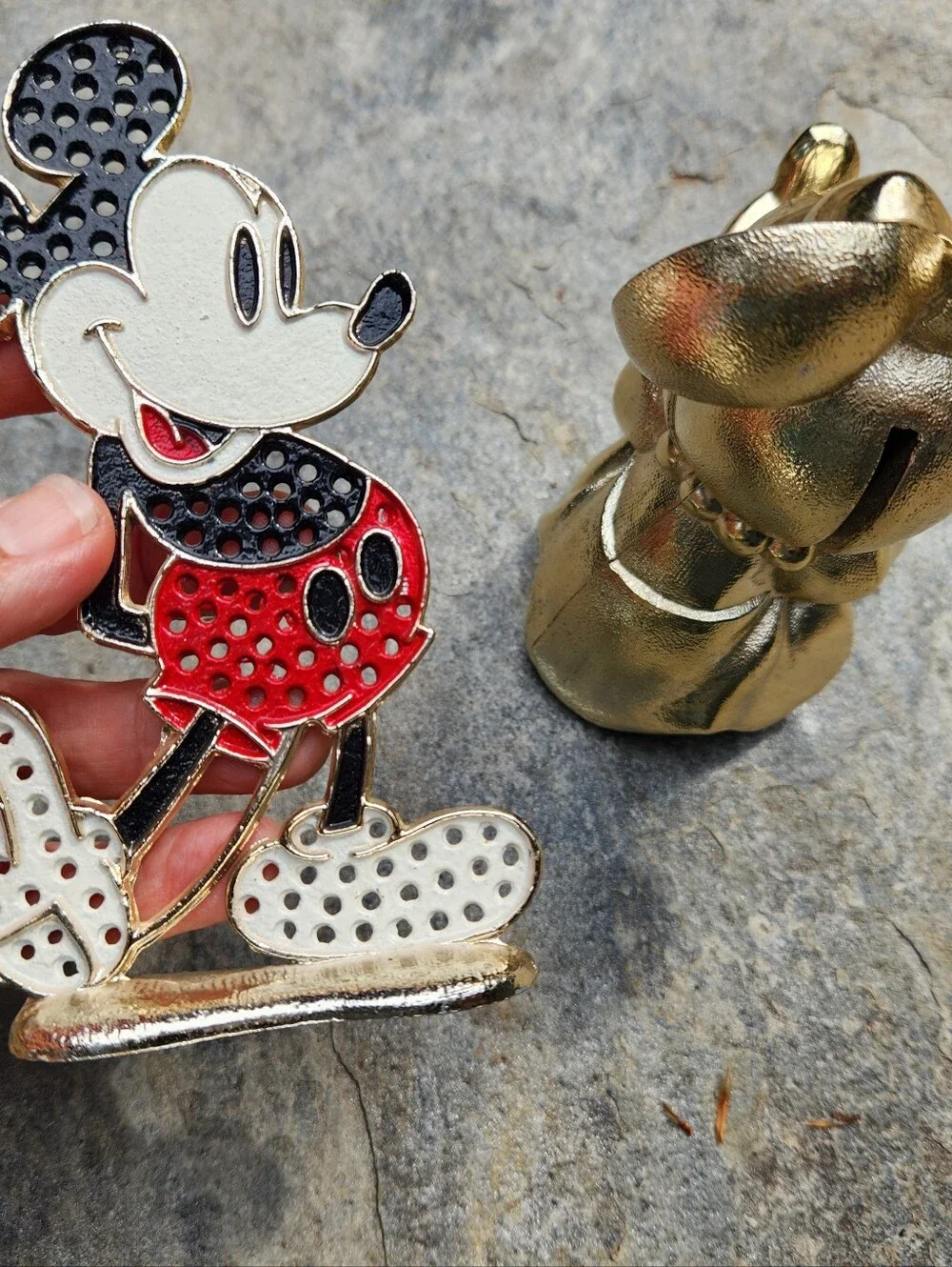 Mickey Earring Tree And Minnie Bank. Both Are Metal 1980's Era Collectibles.